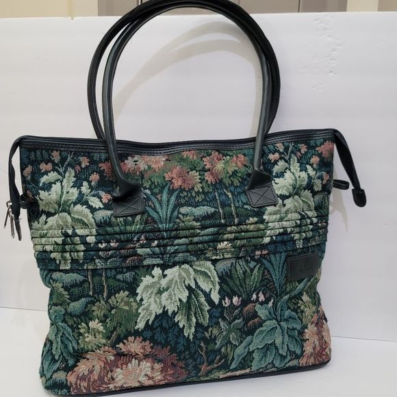 Atlantic Handbags - Vintage 1980s ATLANTIC Floral Tapestry Travel Zippered Shopping Tote Bag, Green